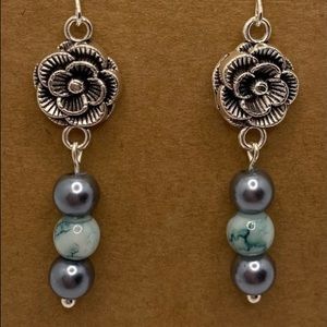 Floral Drop Earrings with Teal and Gray Marble